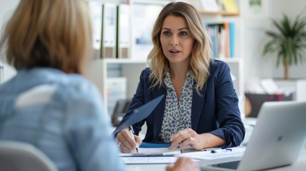 Recruiter meets a candidate in a modern office to discuss Clinical hospice jobs in Oklahoma and Kansas, with forms and laptop visible.
