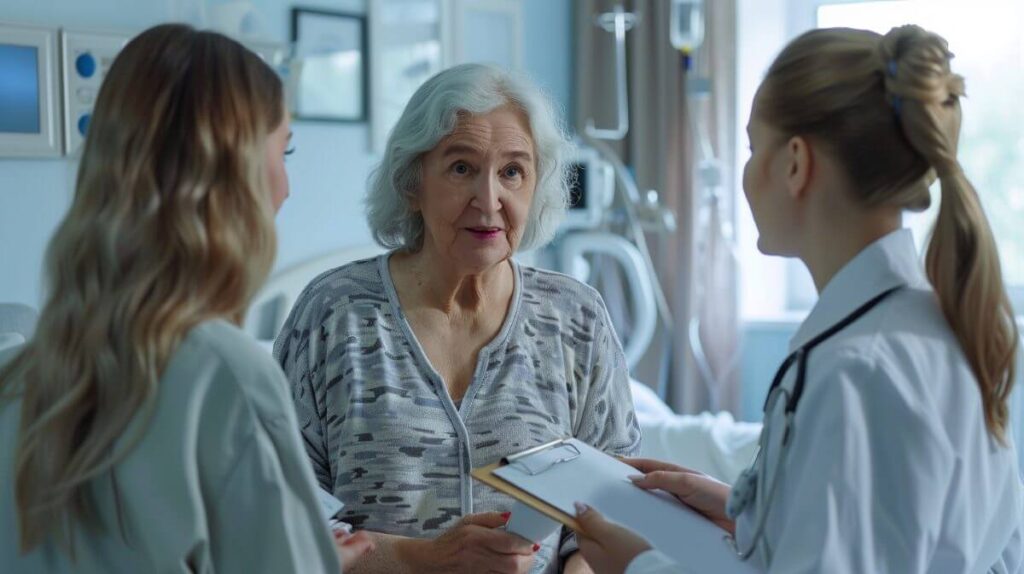 Doctor and nurse discuss care plan with elderly patient in hospital room for Clinical hospice jobs in Oklahoma and Kansas.