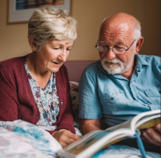 An elderly couple sits together reviewing a book, sharing a quiet and meaningful moment at home. This peaceful scene reflects the supportive environment of hospice care in Derby, KS, where families receive guidance and compassionate care.