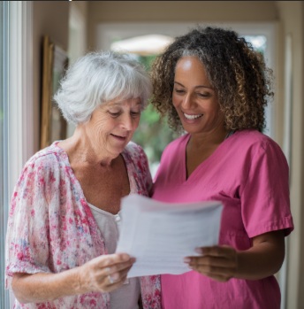 Caregiver reviewing document with elderly woman at home, hospice care Derby KS 