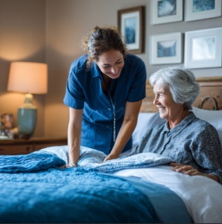 Caregiver assisting elderly woman in bed at home, hospice care Muskogee OK 