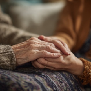 Person holding elderly hands in comfort and support, bereavement services, Wichita, KS 