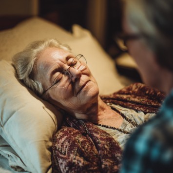 Elderly woman resting in bed with caregiver nearby, hospice care in Bartlesville OK