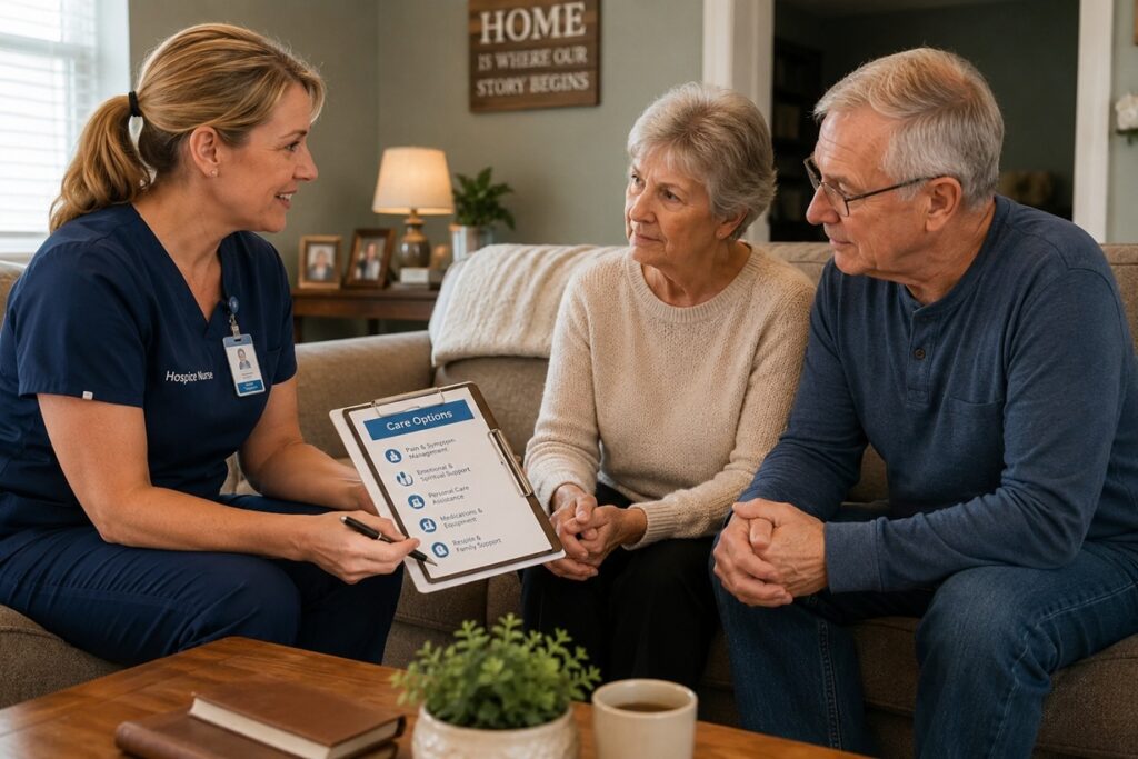 Hospice nurse discussing care options with family at home, hospice care Winfield KS