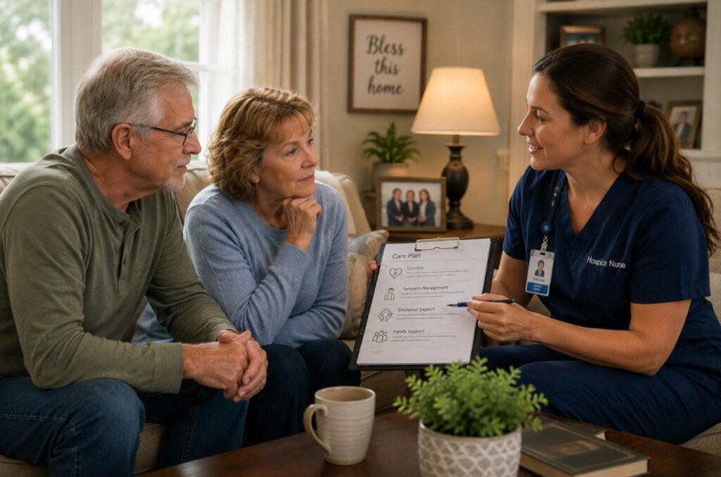 Hospice nurse reviewing care options with family at home, hospice care Derby KS