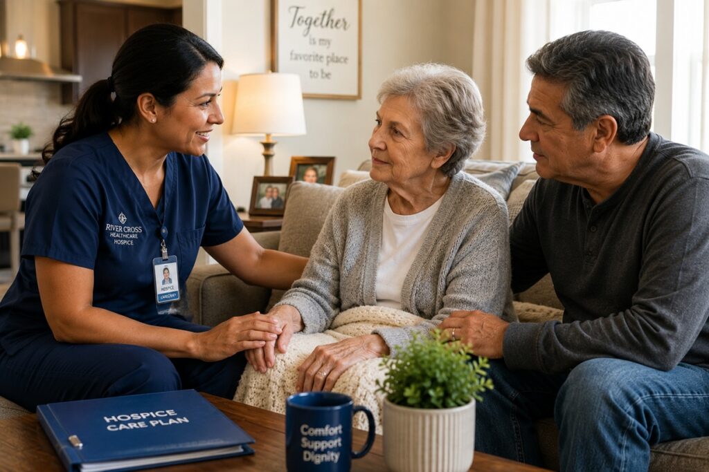 Hospice caregiver supporting patient and family at home, hospice care Tulsa OK