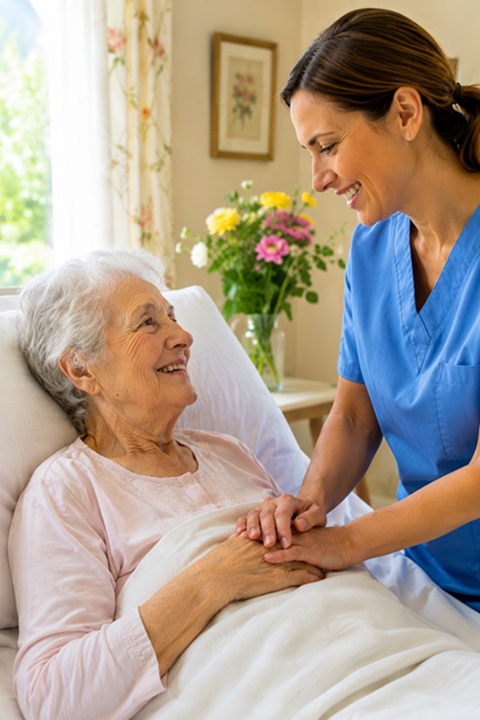 Compassionate Tulsa hospice care at home with a caregiver supporting a smiling senior woman in a cozy room.