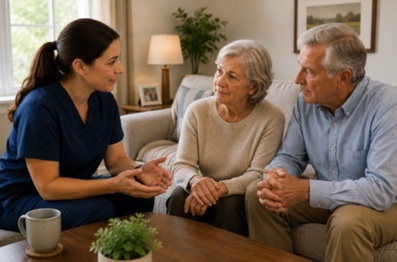 Hospice nurse discussing comfort-focused care with an elderly couple at home, hospice care Wichita KS