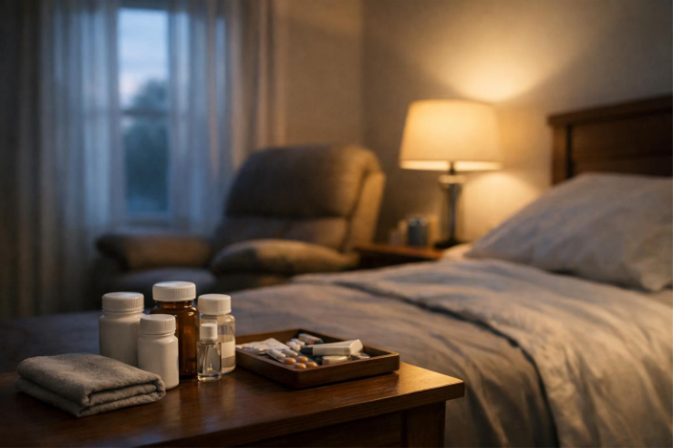 Bedside table with pill bottles and a tray of medications beside a neatly made bed in a softly lit bedroom.